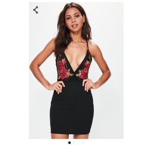 Black Strappy Mesh Embroidered Bodycon Dress